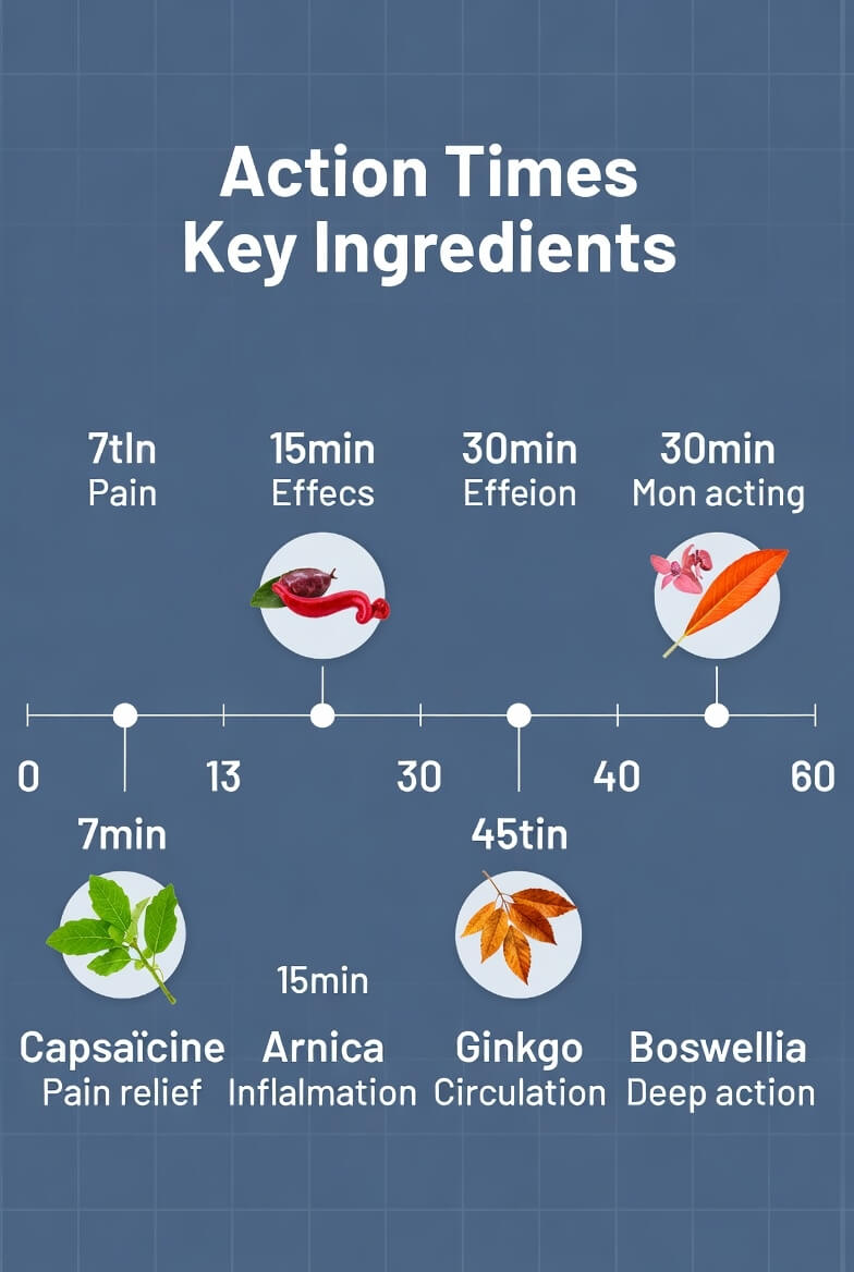 chronologie action ingrédients Hondro Sol capsaïcine 7 minutes arnica 15 minutes ginkgo biloba 30 minutes